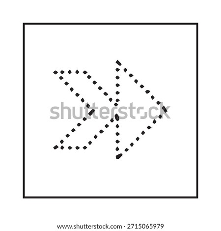 Minimalist Dotted Double Chevron Arrow Icon in Square Frame. Forward Navigation Outline.