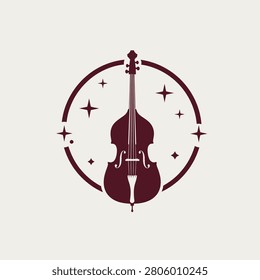 Minimalist Double Bass Vector Illustration with Stars in Circular Frame, Elegant Contrabass or Cello Logo Design. Flat vector illustration EPS 10.
