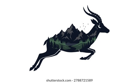 A minimalist double exposure vector artwork capturing a wild gazelle antelope in a full mid-air leap. The dark animal silhouette frames a celestial wilderness scene featuring towering mountain peaks under a starry night sky, a crescent moon accent on the face, and deep green conifer forests bordering a winding river path, making it perfect for modern activewear logos, geometric t-shirt graphics, vinyl decals, and adventure branding.

