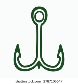 Minimalist double fishing hook vector illustration in clean line art style for sport fishing tackle, freshwater angling equipment, outdoor recreation and nautical branding