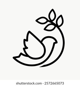 Minimalist dove bird and branch line art. Bird and branch design in simple lines. Elegant dove bird and branch illustration for nature lovers. Simple icon vector element.