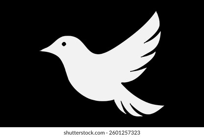 Minimalist Dove Bird Vector Icon – White Bird Silhouette, Elegant Flat Design on Black Background