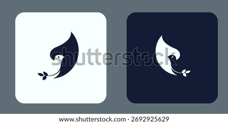 Minimalist dove logo with olive branch. symbolizing peace and nature.