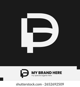 Minimalist DP monogram logo with a creative geometric cut design. Ideal for branding in tech, gaming, or sports industries. Vector lettermark on black background.