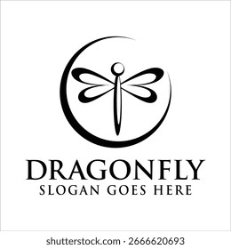 Diseño minimalista del Vector del logotipo de la libélula con líneas limpias y estilo moderno, aislado en el fondo blanco, conveniente para la marca, el emblema, y la identidad decorativa.