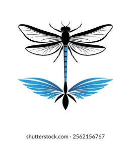 Minimalist Dragonfly Logo Vector Tattoo Design. Simple Blue and Black Dragonfly Icon, Elegant Line Art Illustration on White Background