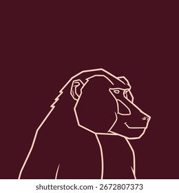 Dibujo minimalista de una cabeza de babuino o parte superior del cuerpo sobre un fondo de color vino