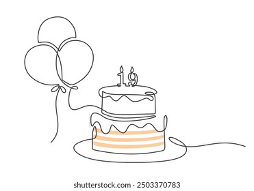 Minimalistische Zeichnung von Ballons und Kuchen. Kontinuierliche Linienkunst für Geburtstags- oder Feiertagskartenbanner.
