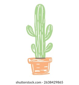 A minimalist drawing of a cactus potted in an orange pot, featuring clean lines and a soft color palette. Ideal for modern home decor, botanical art, and indoor greenery projects.