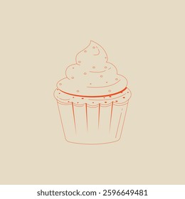 A minimalist drawing of a cupcake with a creamy topping. Linear graphics in a retro style. Perfect for menu design, packaging, and culinary projects.