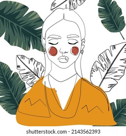 Minimalist drawing of a girl with lines on a tropical background with leaves. Suitable for a postcard, a summer poster.