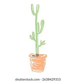 A minimalist drawing of a green cactus potted in an orange pot, featuring clean lines and soft colors. Ideal for home decor and botanical art.