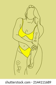 Minimalist drawing line art with curvy woman model with tattoos, beautiful female body vector drawing