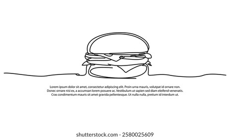 With a minimalist drawing, the outline of the hamburger is designed with just one line. A drawing presented in a stylish and simple manner on a white background.