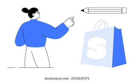 Minimalist drawing with a person pointing towards a pencil and a shopping bag. Ideal for education, creativity, shopping, marketing, and e-commerce themes. Depicted in simple, clean lines with blue