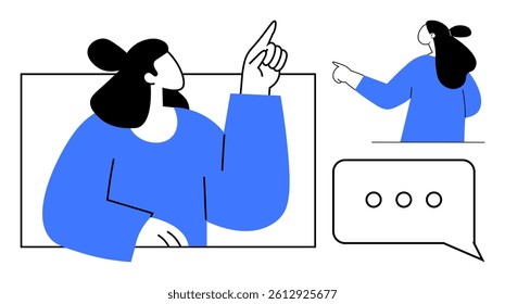 Minimalist drawing of a person wearing blue, pointing upwards and to the side, accompanied by a speech bubble with three dots. Ideal for communication, discussion, dialogue, interaction, education