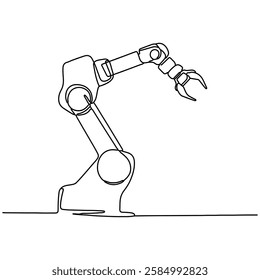 As a minimalist drawing, the robotic arm is designed with a single continuous line in line art isolated on a white background. This drawing is a trendy outline style drawing of a mechanical robot.