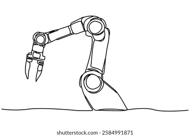 In minimalist drawing style, the robotic arm is designed with a single continuous line isolated on a white background. This drawing has the outline style of a fashionable mechanical robot.