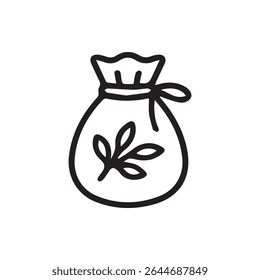 Minimalist drawing of a tied pouch, adorned with a botanical leaf, perfect for themes of nature, herbs, or organic products.