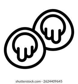 Minimalist drawing of two coconut halves, simple illustration of exotic fruit in black lines on white background
