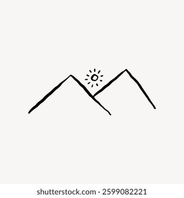 Minimalist drawing of two mountains with a sun. Simple mountain illustration with sun. Black and white mountain and sun sketch. Minimalist mountain art. Doodle illustration vector.