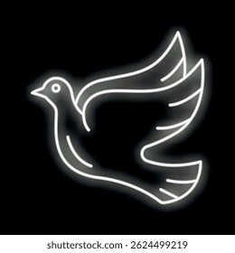 Minimalist drawing of a white neon dove flying and spreading its wings on a black background