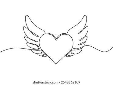 Minimalist drawing of a winged heart in one line, symbolizing love, liberation, and emotional flight. Designed with simplicity.