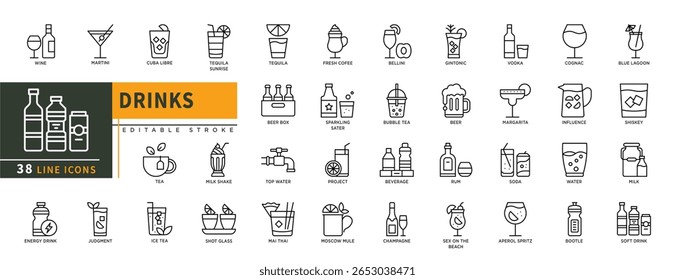 Minimalist Drinks line icons set with editable stroke, featuring wine, martini, cuba libre, soft drink, milk, water, bootle, rum, soda, beer, bubble tea, juice, beverage, te. thin linear illustration.