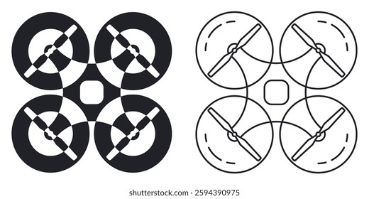 Minimalist drone icon set with two distinct styles: a solid silhouette and an outlined version. The top-down view highlights the quadcopter’s propellers and structure in a clean, geometric design