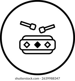 Minimalist drum icon illustration with sticks, set in a clean, circular frame