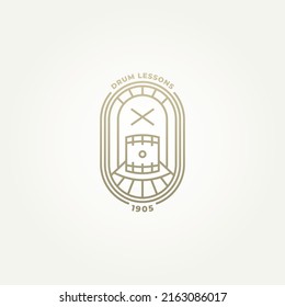 minimalist drum lessons badge line art icon logo template vector illustration design. simple music lessons with drum kit tools emblem logo concept