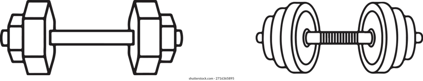 Conjunto de iconos de mancuerna minimalista: variantes de peso hexagonal y circular para Fitness y Gym UI