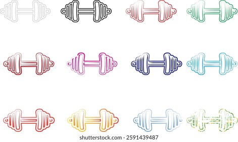 Minimalist dumbbell icons, colorful outlines, simple geometric shapes, fitness symbols, pastel color palette, clean vector graphics, exercise equipment illustrations, gym logo designs, weightlifting m