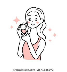 Minimalist duotone illustration of a beautiful young woman smiling and looking at the mirror. Simple kawaii line art. Vector illustration EPS.