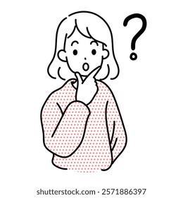 Minimalist duotone illustration of a curious girl in a polka-dot sweater with a question mark. Simple kawaii style vector, perfect for educational or problem-solving concepts. Vector illustration EPS.