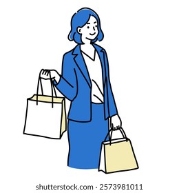 Minimalist duotone illustration of an elegant woman in blue suit holding shopping bags. Simple kawaii line art. Vector illustration EPS.