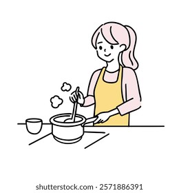 Minimalist duotone illustration of a happy cooking woman holding a pot with steam Simple kawaii line art. Vector illustration EPS.