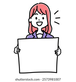 Minimalist duotone illustration of office woman smiling and holding a blank message board. Simple kawaii line art. Vector illustration EPS.