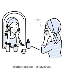 Minimalist duotone illustration of a young woman doing skin care in front of the mirror. Self care concept.  Simple kawaii line art. Vector illustration EPS.