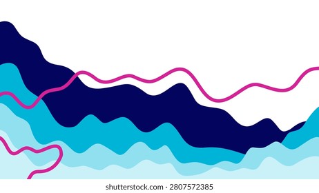 Minimalist dynamic fluid topography vector. Smooth paper cut waves blending midnight navy and cyan with neon pink strokes. Ideal for UI.
