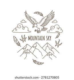 Minimalist eagle mountain sky line art illustration with eagle soaring over peaks, clouds and feathers. Hand-drawn outdoor adventure logo design for hiking and camping themes.