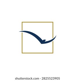 Minimalist eagle wing silhouette inside square frame logo design, elegant navy blue bird vector icon