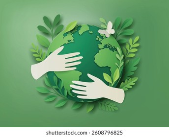 Minimalist Earth Day design of hands embracing the Earth, symbolizing protection, care, and eco responsibility.