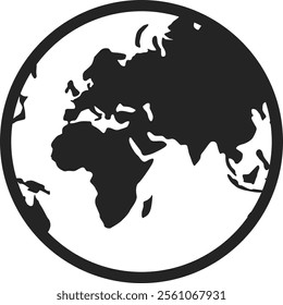 Minimalist Earth globe icon focusing on Europe, Asia and Africa, offering a simplified representation of world geography, ideal for educational or travel related projects