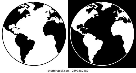 Minimalist Earth Globe Icon set. Global Map Silhouettes for Eco, Travel, and Tech Themes. Vector illustration isolated on black and white background.