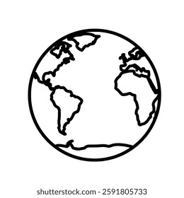 Minimalist Earth Globe Vector Illustration – Hand-Drawn Black and White Planet Outline for Maps, Global Icons, Geography Learning, Travel Designs, Sustainability Campaigns, and Nature Awareness