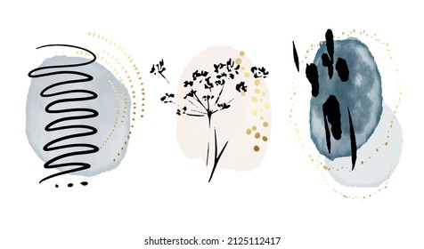 Minimalistischer Erdton umkreist die Wasserfarbe, die Blätter, die trockene Blume, der Baumzweig und die goldenen Glitter. Minimales Design für Text, Verpackung, Drucke, Wanddekoration.