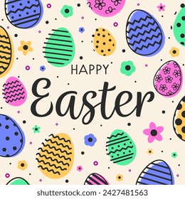 Minimalist Easter background with colourful eggs. Design of a greeting card. Vector illustration