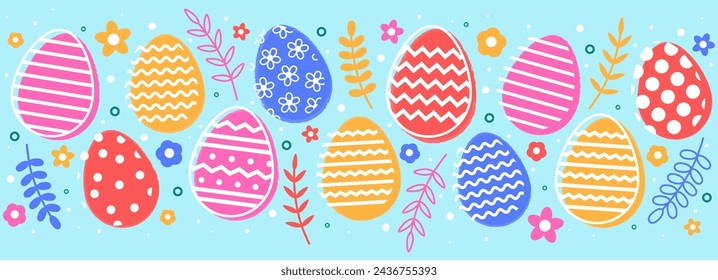 Banner de Pascua minimalista con huevos de colores. Ilustración de vector