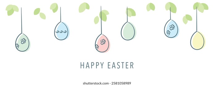 Minimalist Easter banner. Happy Easter, Frohe Ostern. Concept of colored eggs on tree. Vector illustration
